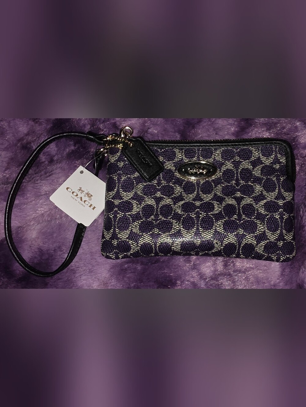Coach Signature L-Zip Corner Wristlet In Violet And Black